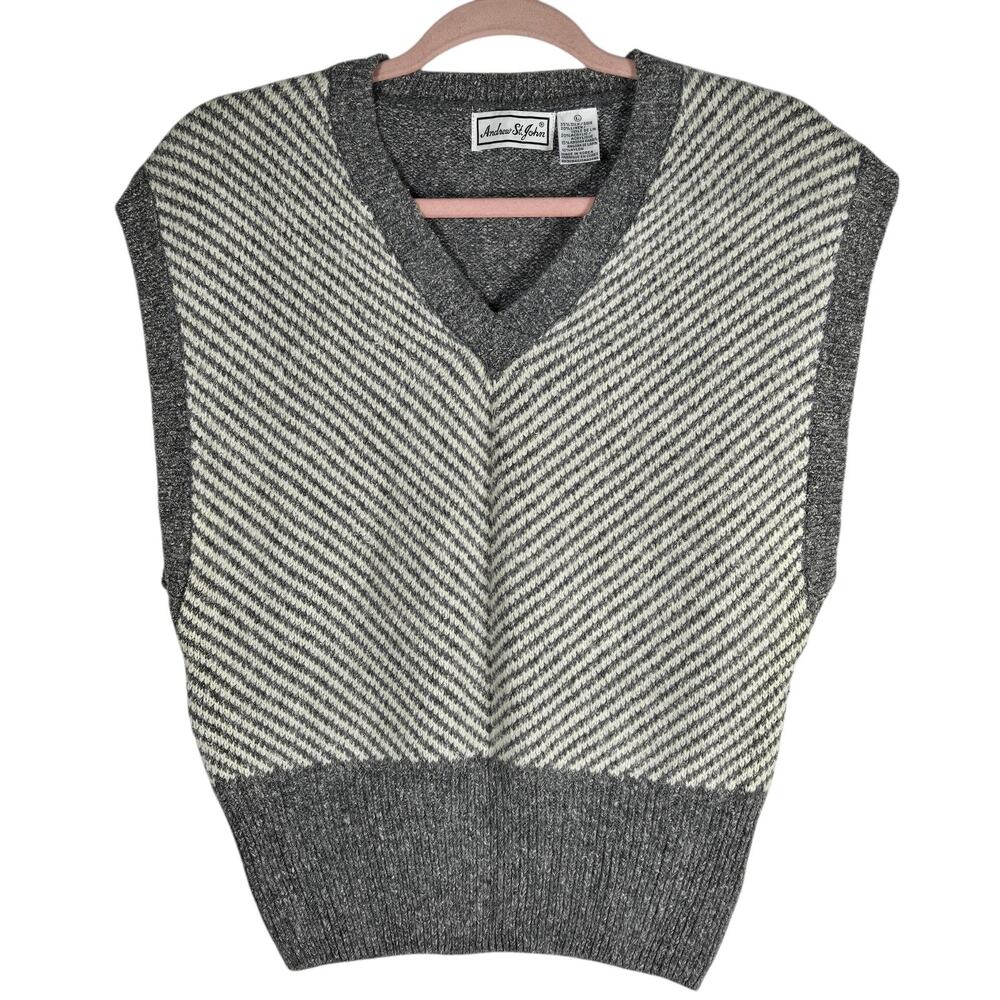 Andrew St. John Sweater Vest Women Large Gray V Neck Silk Linen Angora Blend VTG